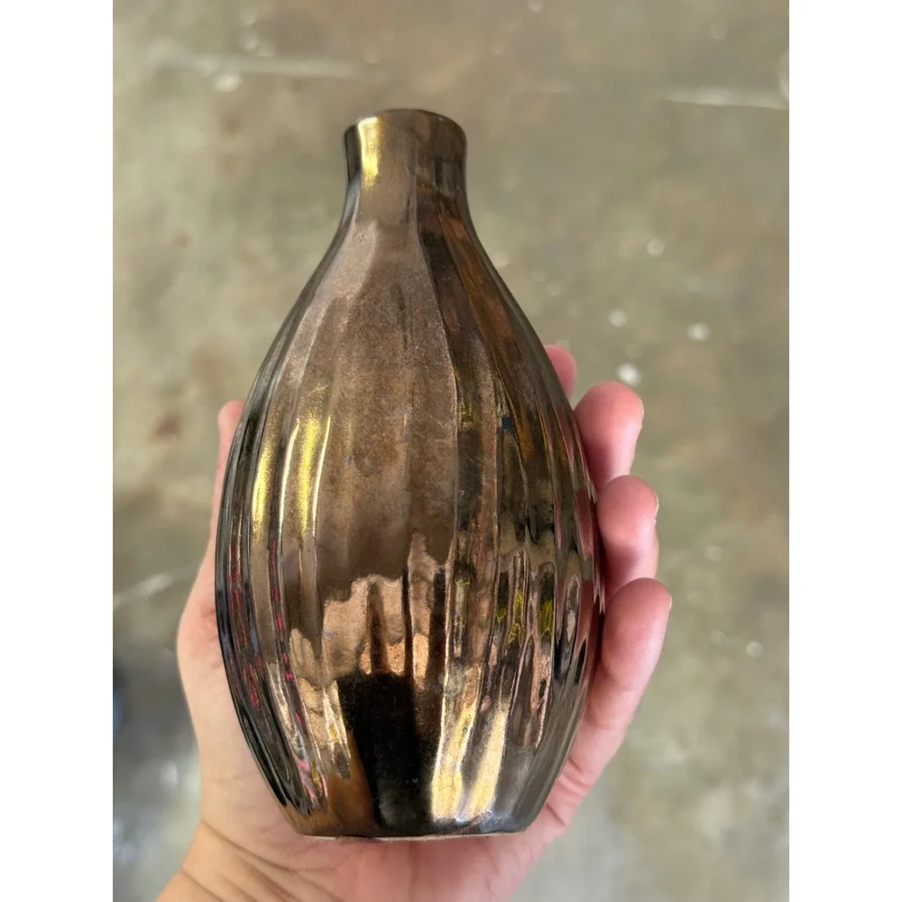 West Elm Metallic Bronze Ribbed Bud Vase Ceramic Modern Home Decor Accent